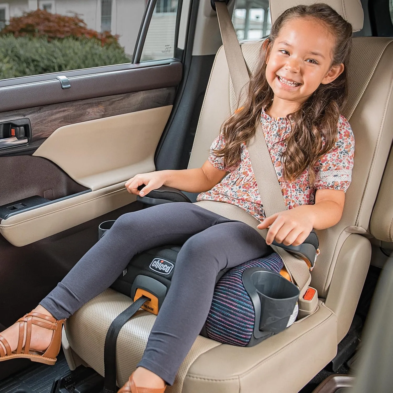 Chicco GoFit ClearTex Plus Backless Booster Car Seat, Latch Attachment, Quick-Release Latch Removal, Portable Car Booster Seat for Children at Least 4 Years Old and 40-110 lbs | Sunset/Purple