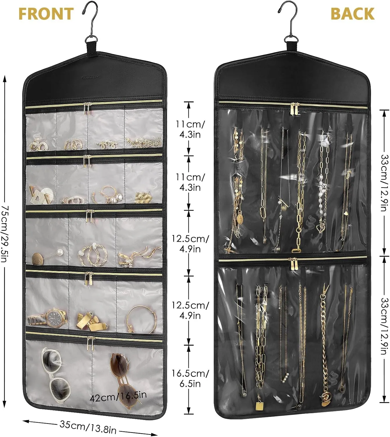 CHICECO Travel Jewelry Holder Organizer,Hanging Jewelry Organizer Storage with Zippered Pockets for Cloest,Jewelry Holder for Earrings, Necklaces (Grey Black)