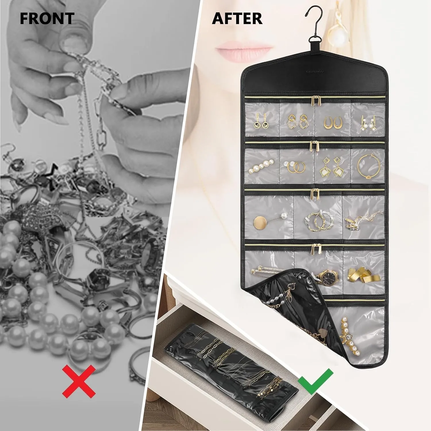 CHICECO Travel Jewelry Holder Organizer,Hanging Jewelry Organizer Storage with Zippered Pockets for Cloest,Jewelry Holder for Earrings, Necklaces (Grey Black)