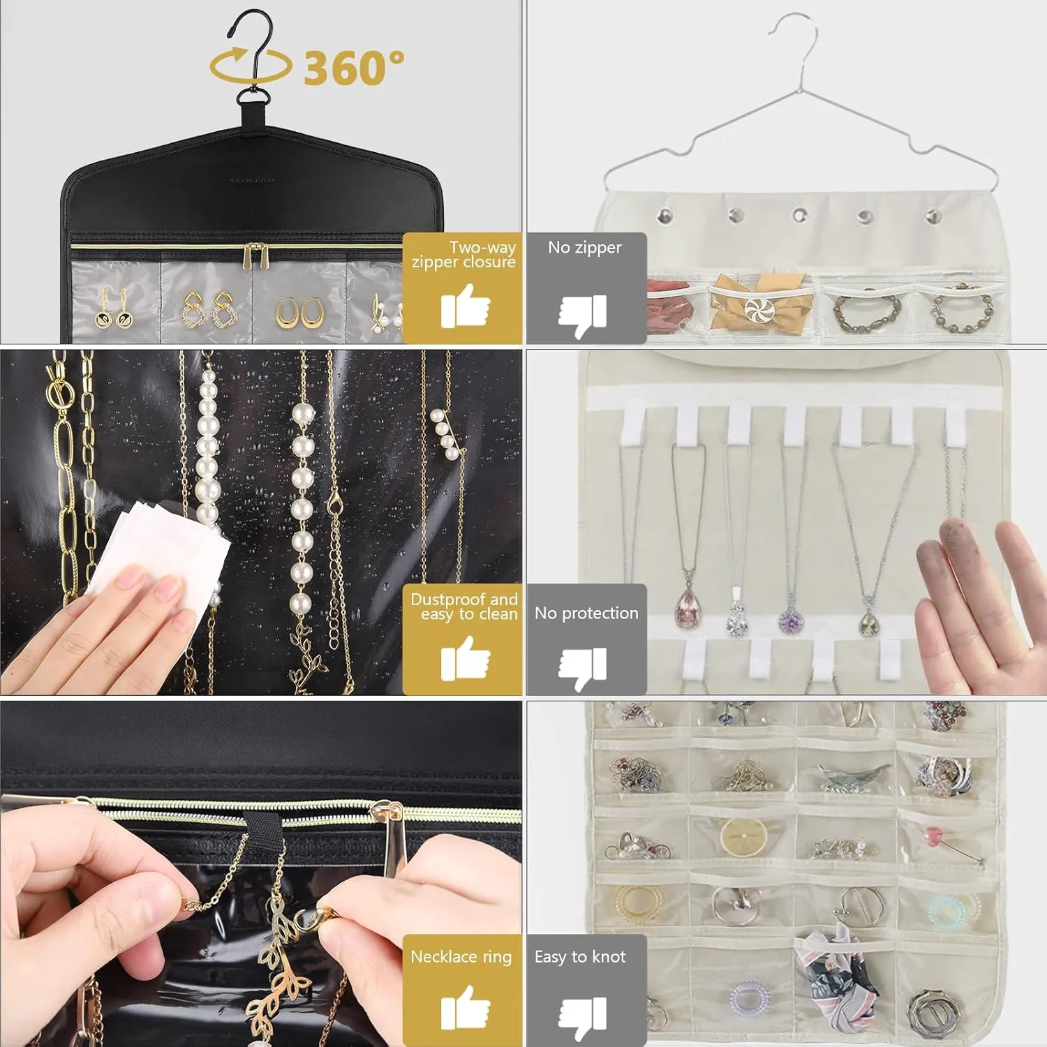 CHICECO Travel Jewelry Holder Organizer,Hanging Jewelry Organizer Storage with Zippered Pockets for Cloest,Jewelry Holder for Earrings, Necklaces (Grey Black)