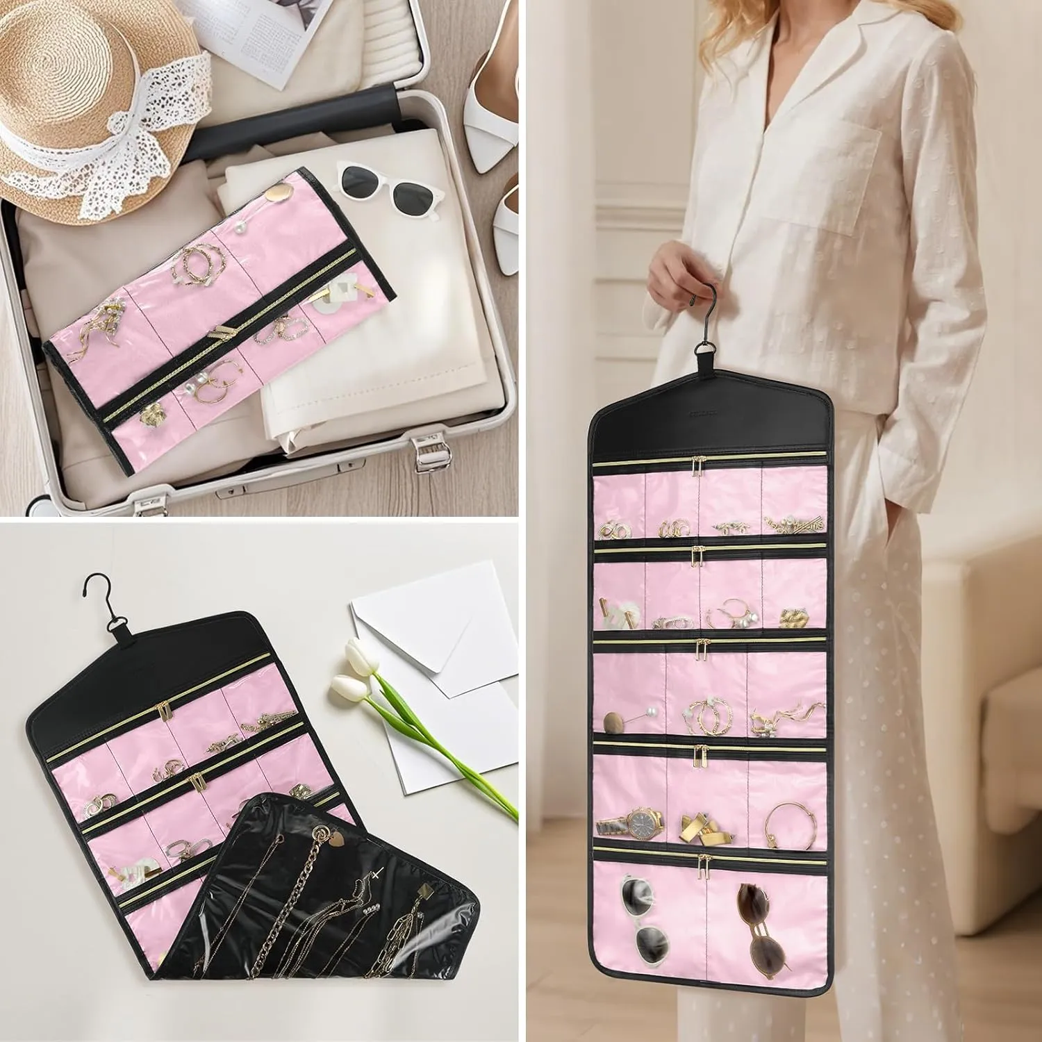 CHICECO Travel Jewelry Holder Organizer,Hanging Jewelry Organizer Storage with Zippered Pockets for Cloest,Jewelry Holder for Earrings, Necklaces (Pink Black)