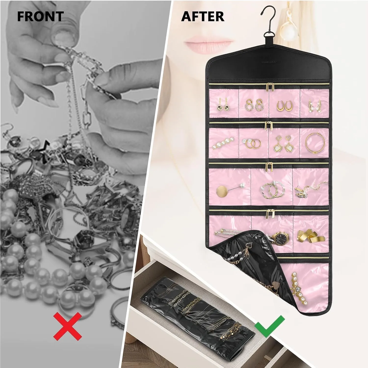 CHICECO Travel Jewelry Holder Organizer,Hanging Jewelry Organizer Storage with Zippered Pockets for Cloest,Jewelry Holder for Earrings, Necklaces (Pink Black)