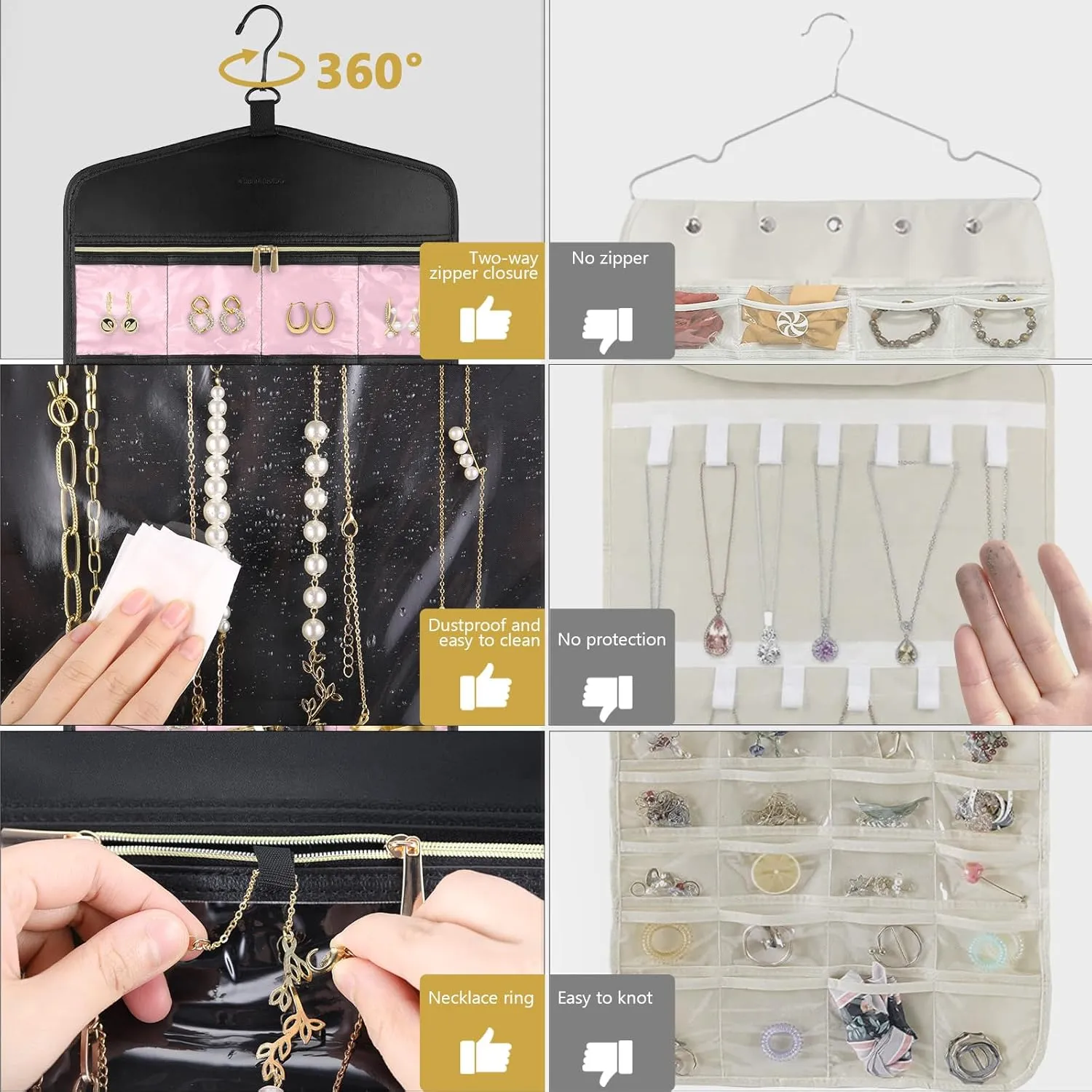CHICECO Travel Jewelry Holder Organizer,Hanging Jewelry Organizer Storage with Zippered Pockets for Cloest,Jewelry Holder for Earrings, Necklaces (Pink Black)