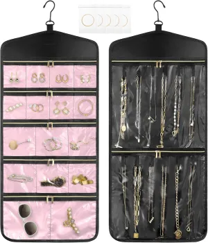 CHICECO Travel Jewelry Holder Organizer,Hanging Jewelry Organizer Storage with Zippered Pockets for Cloest,Jewelry Holder for Earrings, Necklaces (Pink Black)
