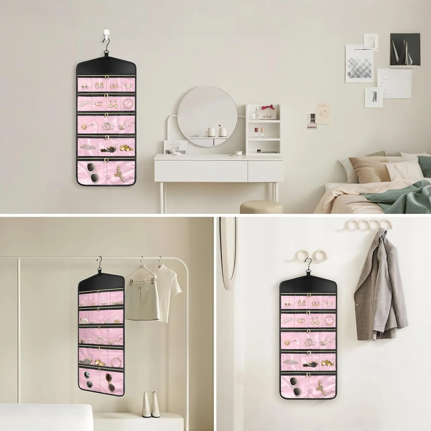 CHICECO Travel Jewelry Holder Organizer,Hanging Jewelry Organizer Storage with Zippered Pockets for Cloest,Jewelry Holder for Earrings, Necklaces (Pink Black)