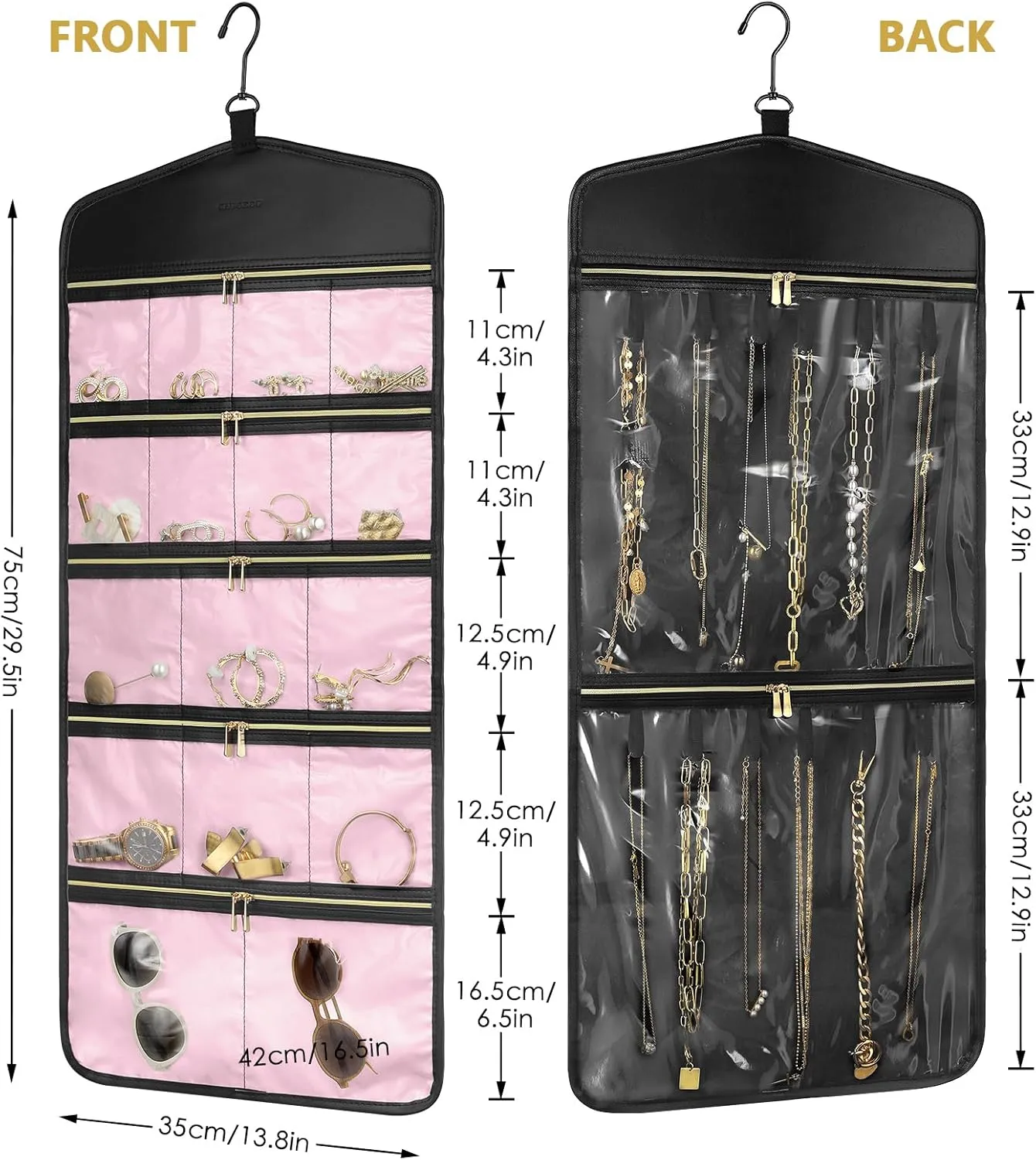 CHICECO Travel Jewelry Holder Organizer,Hanging Jewelry Organizer Storage with Zippered Pockets for Cloest,Jewelry Holder for Earrings, Necklaces (Pink Black)