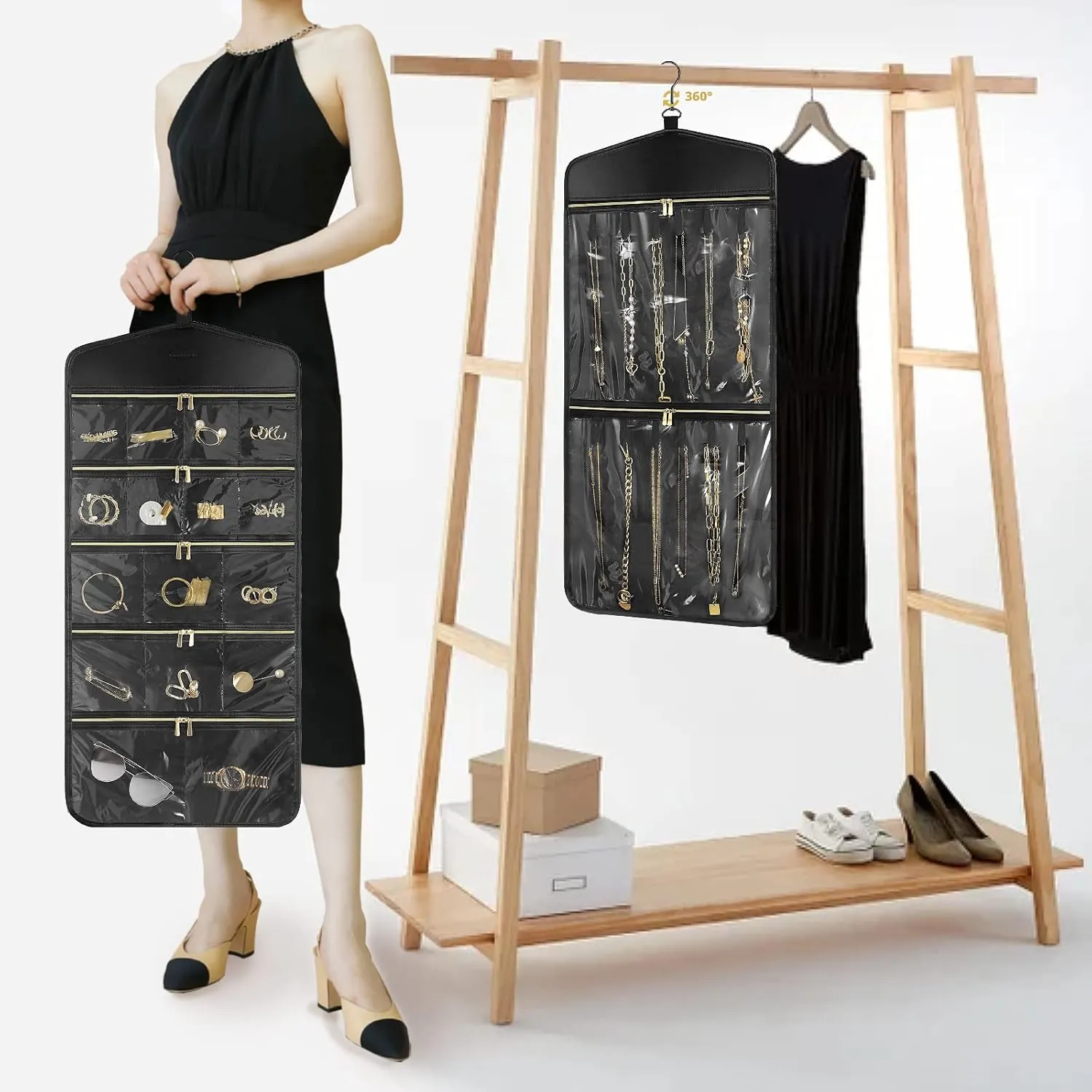 CHICECO Travel Jewelry Holder Organizer,Hanging Jewelry Organizer Storage with Zippered Pockets for Cloest,Wall,Door,Jewelry Holder for Earrings, Necklaces