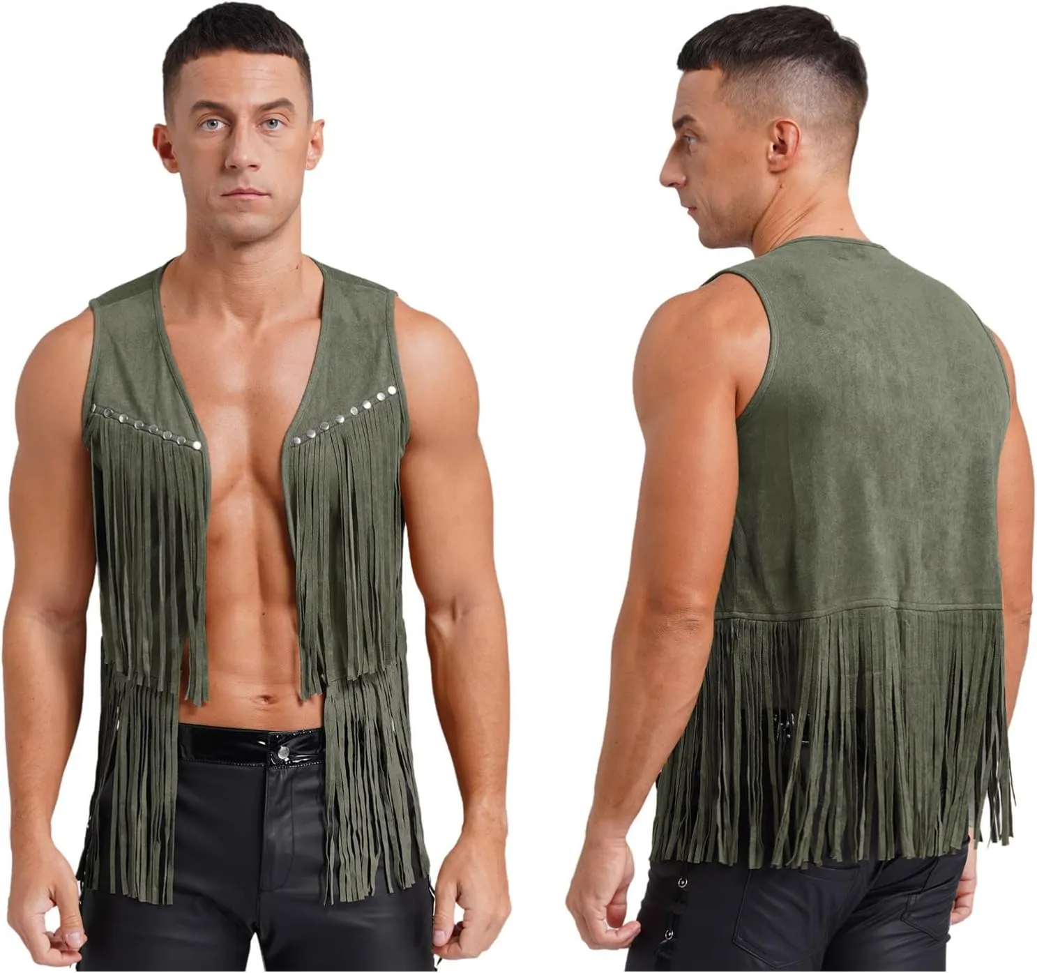CHICTRY Mens Faux Suede Tassel Vest Fashion Rivets Fringe Waistcoat Open Front Sleeveless Jacket Western Cowboy Vest