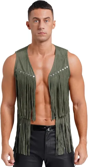 CHICTRY Mens Faux Suede Tassel Vest Fashion Rivets Fringe Waistcoat Open Front Sleeveless Jacket Western Cowboy Vest