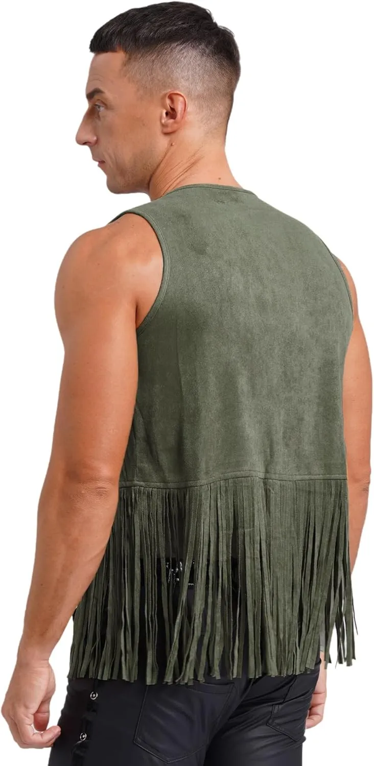 CHICTRY Mens Faux Suede Tassel Vest Fashion Rivets Fringe Waistcoat Open Front Sleeveless Jacket Western Cowboy Vest