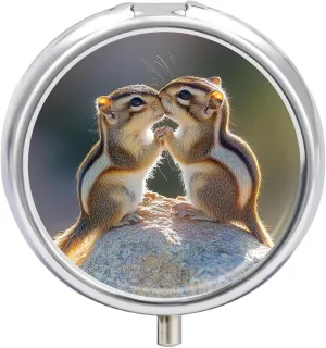 Chipmunks Kissing Round Pill Case Mini Pill Box Pill Container Travel Medicine Organizer for Women Men
