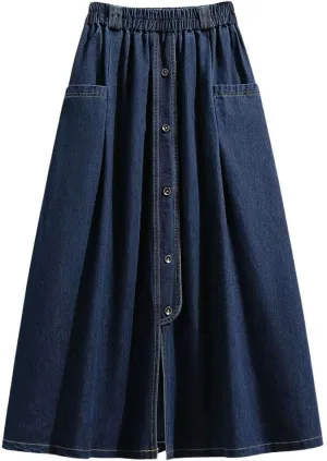 chouyatou Women's Retro Button Elastic Waist Denim Skirt A-Line Pleated Midi Long Jean Skirt with Pockets