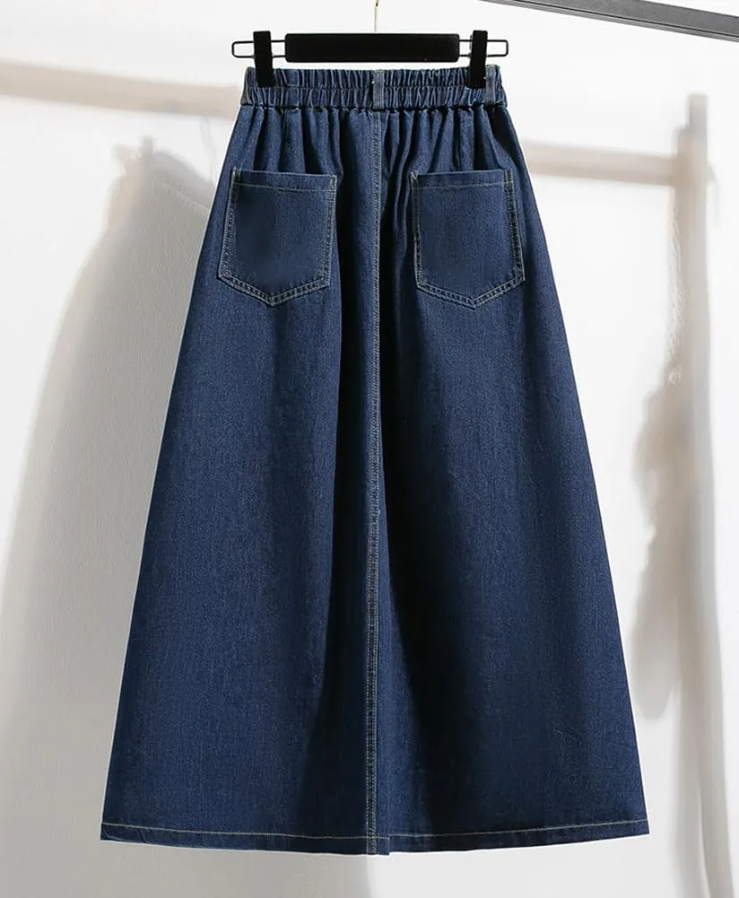chouyatou Women's Retro Button Elastic Waist Denim Skirt A-Line Pleated Midi Long Jean Skirt with Pockets