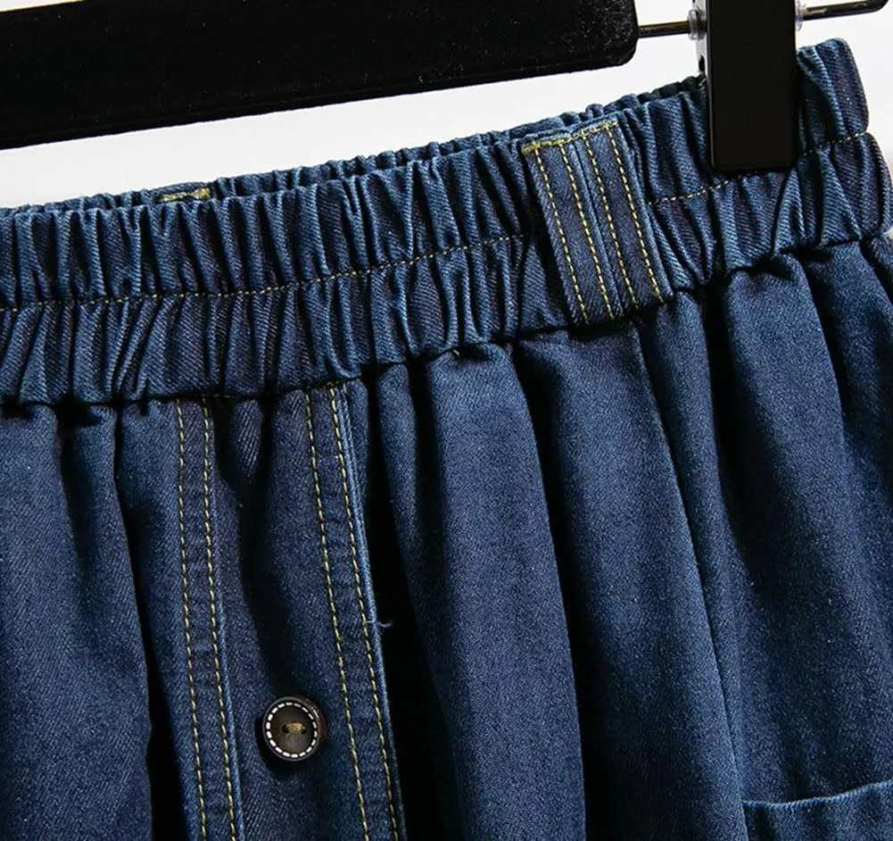 chouyatou Women's Retro Button Elastic Waist Denim Skirt A-Line Pleated Midi Long Jean Skirt with Pockets