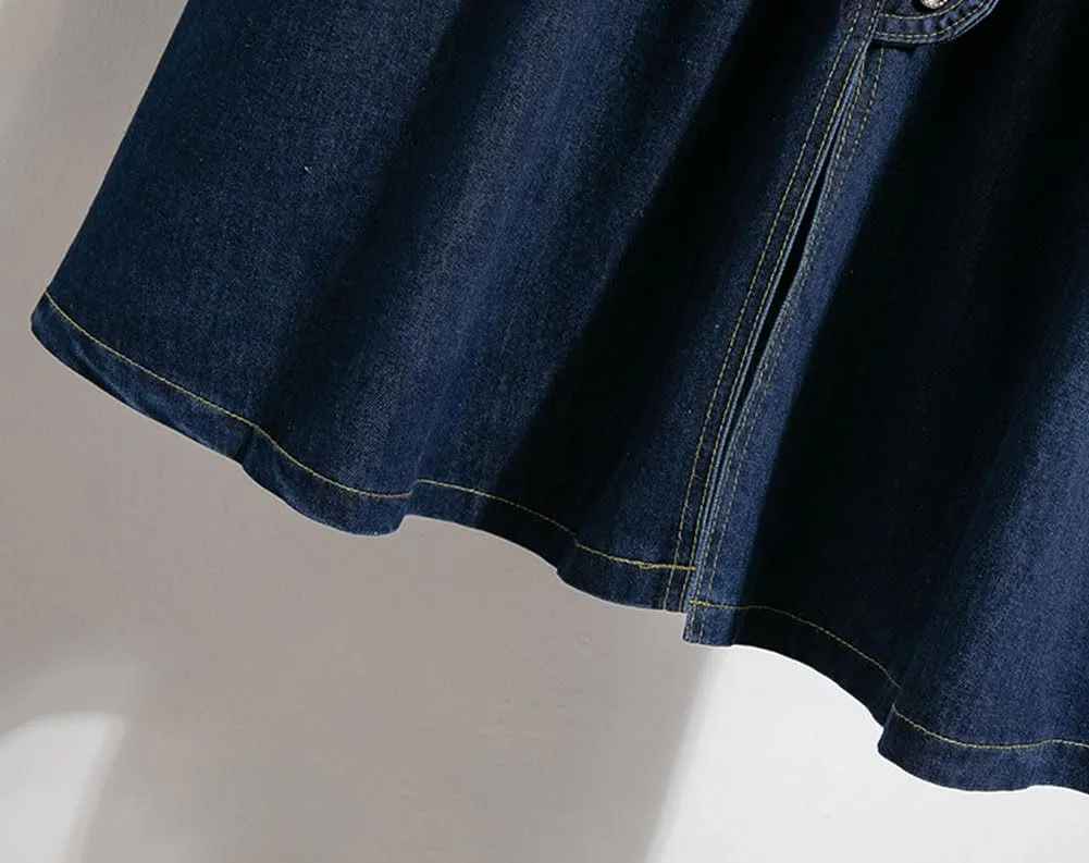 chouyatou Women's Retro Button Elastic Waist Denim Skirt A-Line Pleated Midi Long Jean Skirt with Pockets