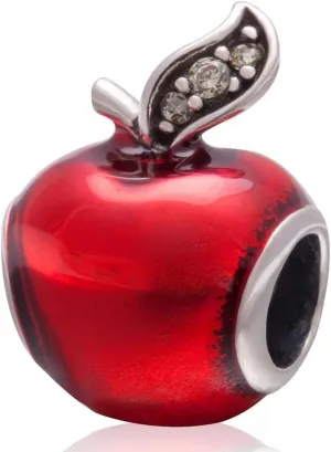 Christmas Apple.925 Sterling Silver Charms, Apple with Transparent Red Enamel and Canary Yellow Cz Stone Fits European Charms Bracelet