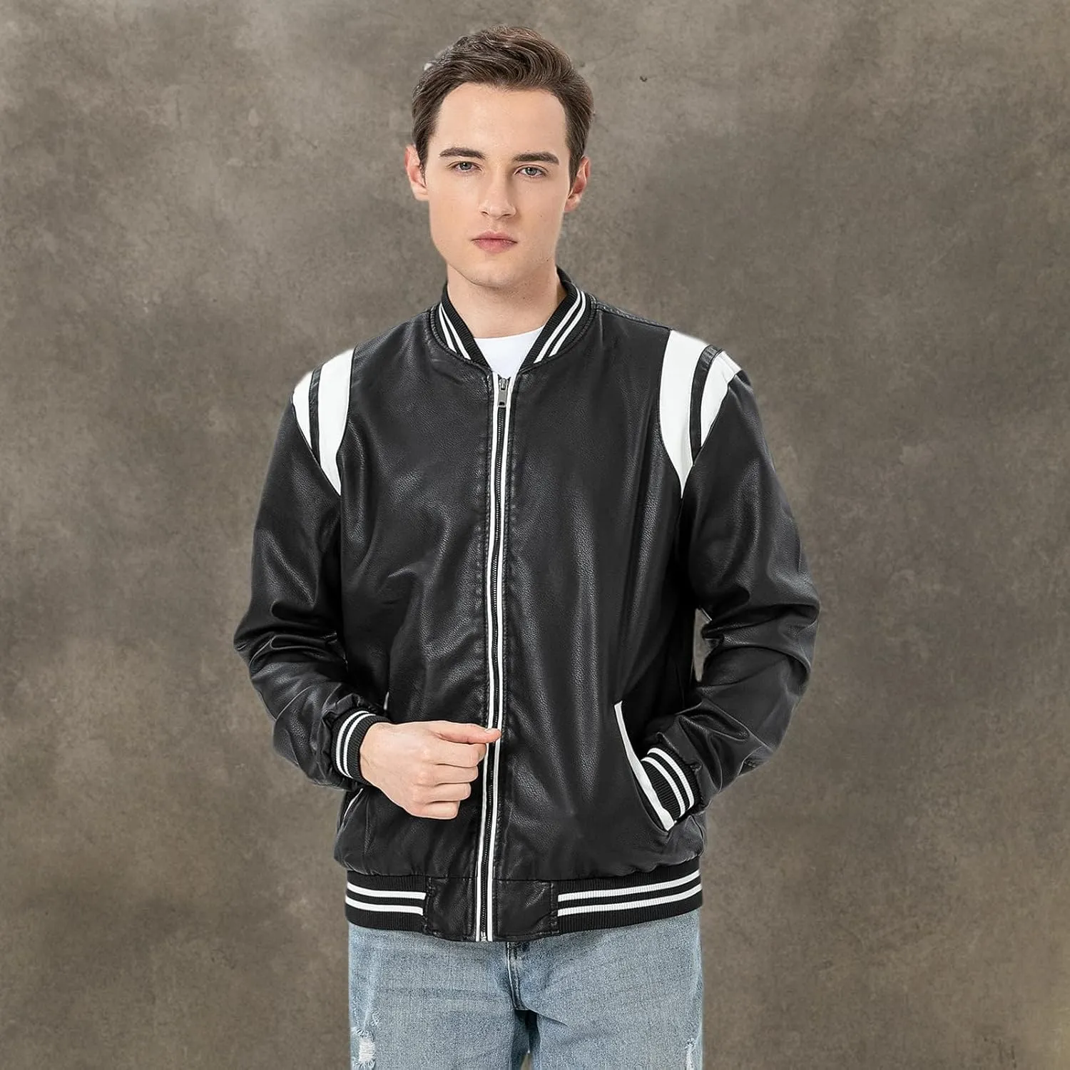 chuida Mens Stand Collar leather jacket Motorcycle Lightweight leather jacket men Faux Leather Bomber Casual Outwear