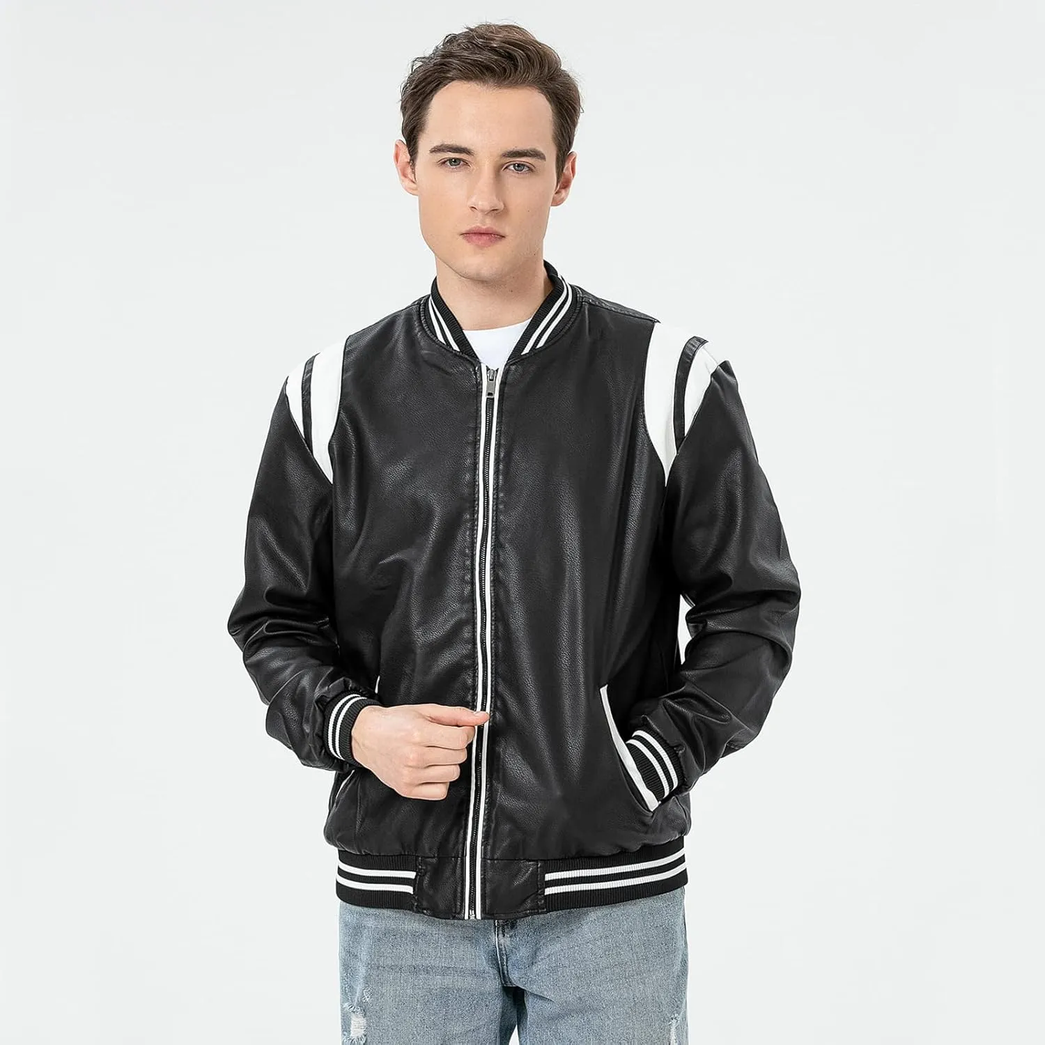 chuida Mens Stand Collar leather jacket Motorcycle Lightweight leather jacket men Faux Leather Bomber Casual Outwear