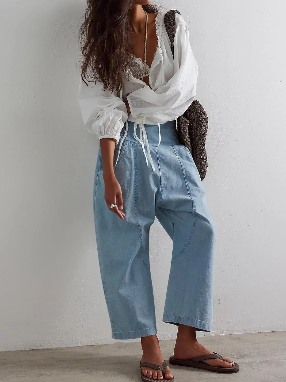 Cicy Bell Womens Wide Leg Cropped Jeans Baggy Boyfriend Smocked Mid Rise Harem Denim Pants