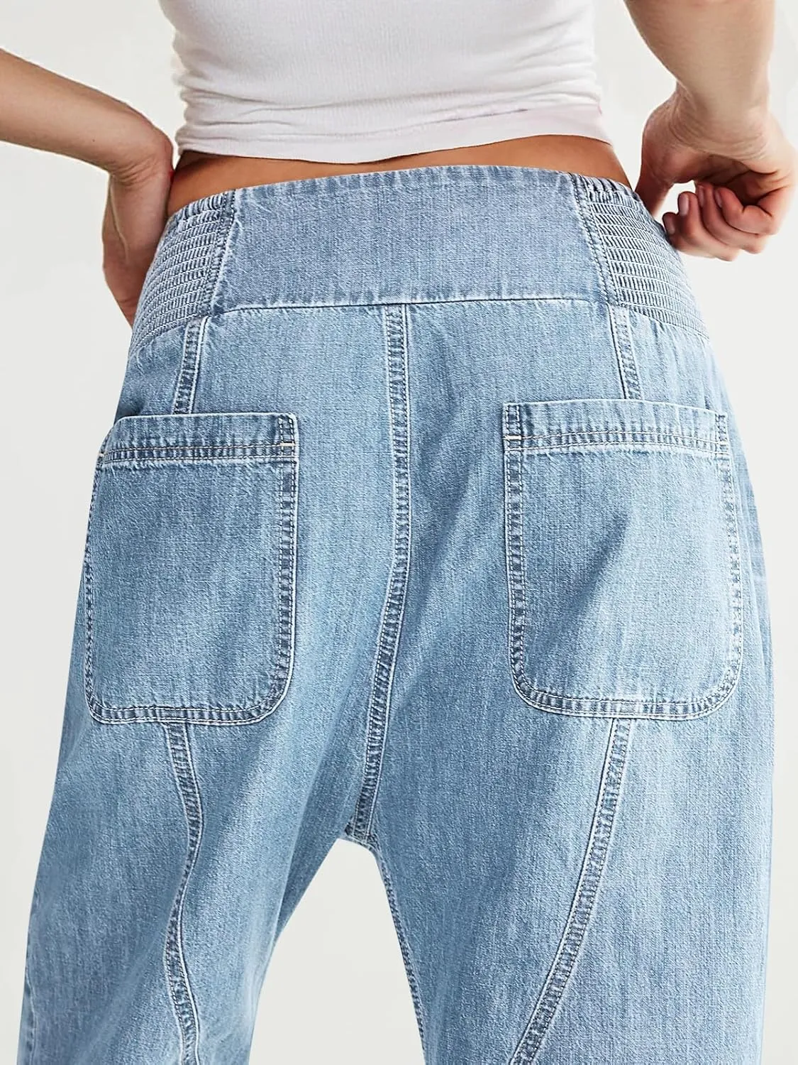 Cicy Bell Womens Wide Leg Cropped Jeans Baggy Boyfriend Smocked Mid Rise Harem Denim Pants