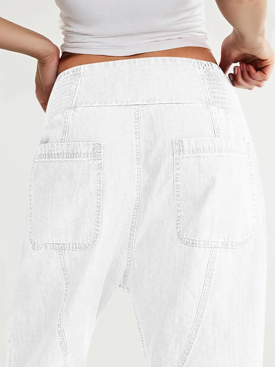 Cicy Bell Womens Wide Leg Cropped Jeans Baggy Boyfriend Smocked Mid Rise Harem Denim Pants