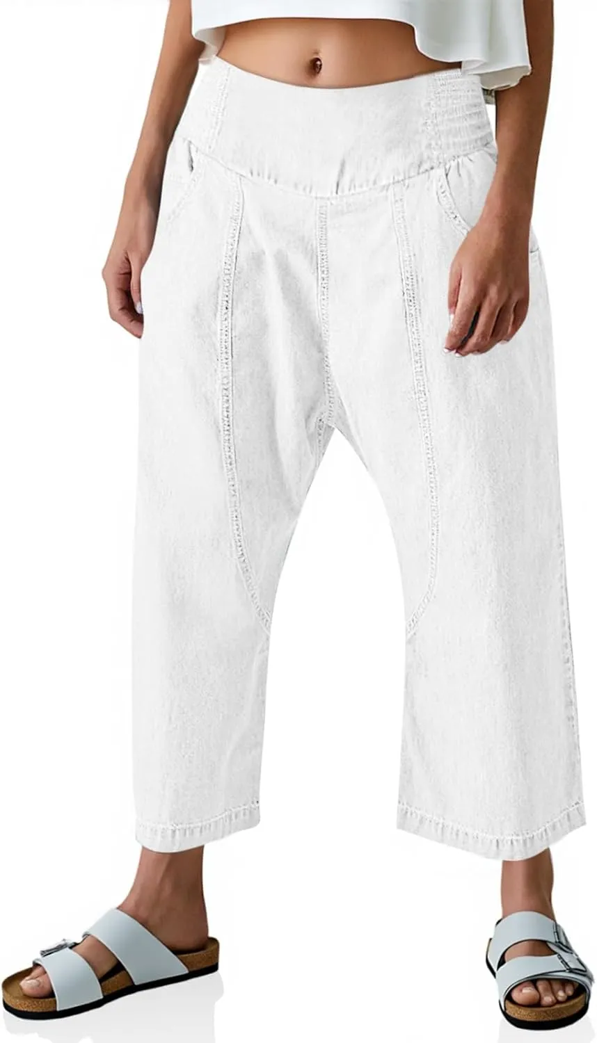 Cicy Bell Womens Wide Leg Cropped Jeans Baggy Boyfriend Smocked Mid Rise Harem Denim Pants