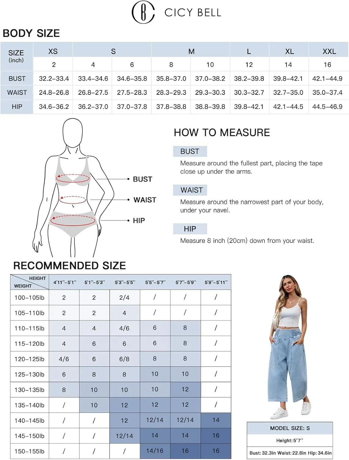 Cicy Bell Womens Wide Leg Cropped Jeans Baggy Boyfriend Smocked Mid Rise Harem Denim Pants