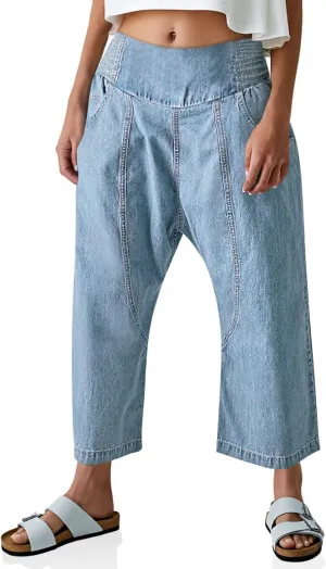 Cicy Bell Womens Wide Leg Cropped Jeans Baggy Boyfriend Smocked Mid Rise Harem Denim Pants