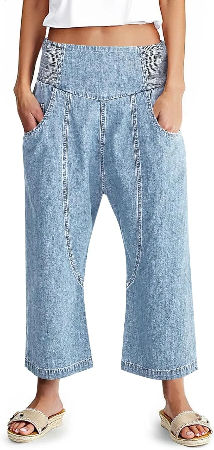 Cicy Bell Womens Wide Leg Cropped Jeans Baggy Boyfriend Smocked Mid Rise Harem Denim Pants