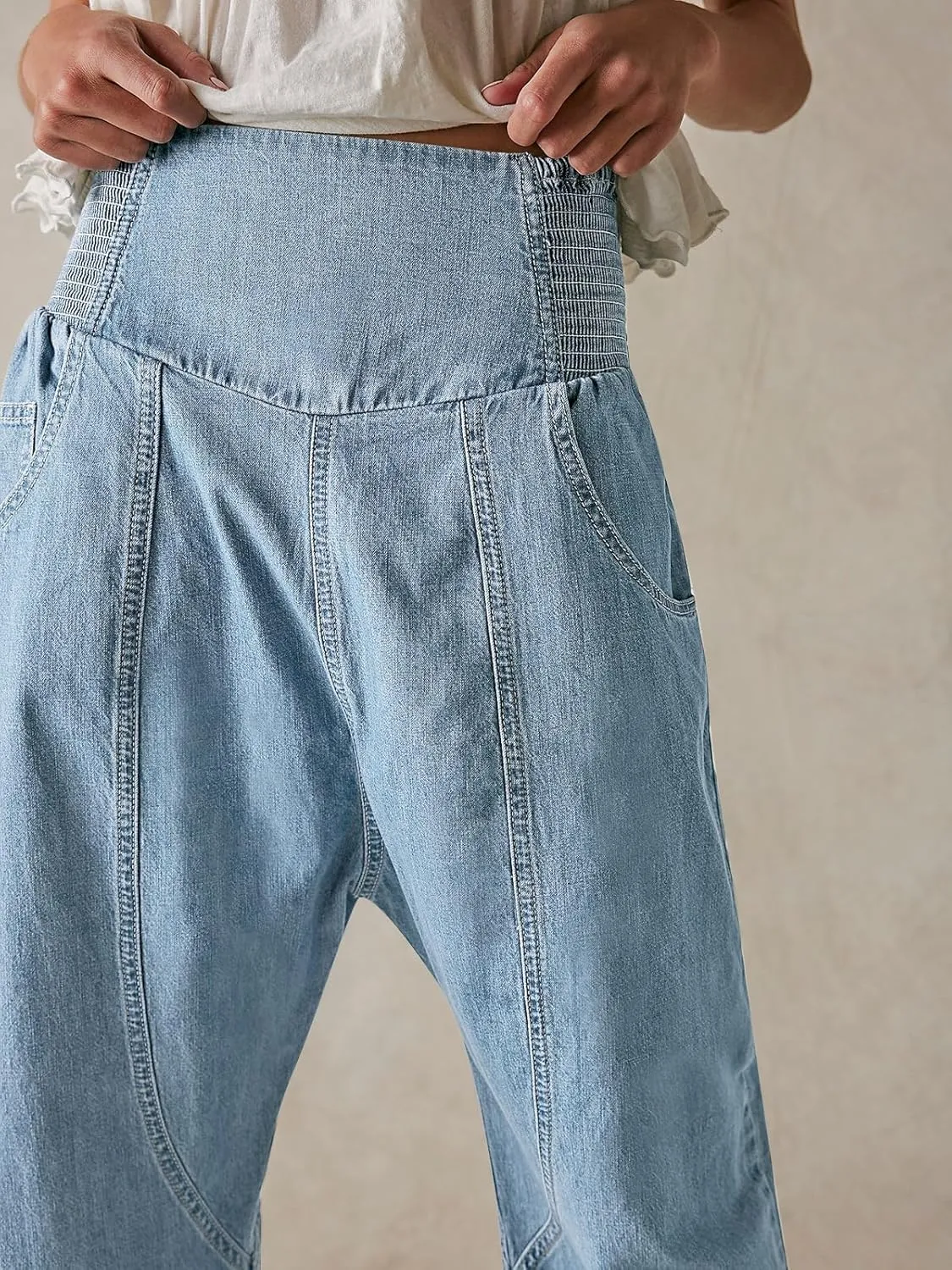 Cicy Bell Womens Wide Leg Cropped Jeans Baggy Boyfriend Smocked Mid Rise Harem Denim Pants