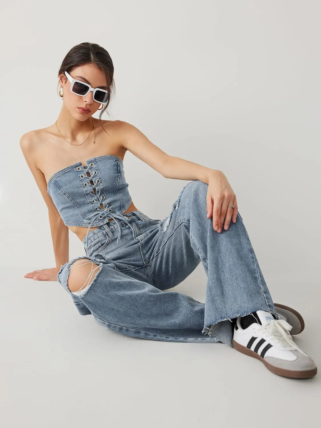 CIDER Women’s Ripped Jeans High Waisted Distressed Baggy Straight Wide Leg Pants