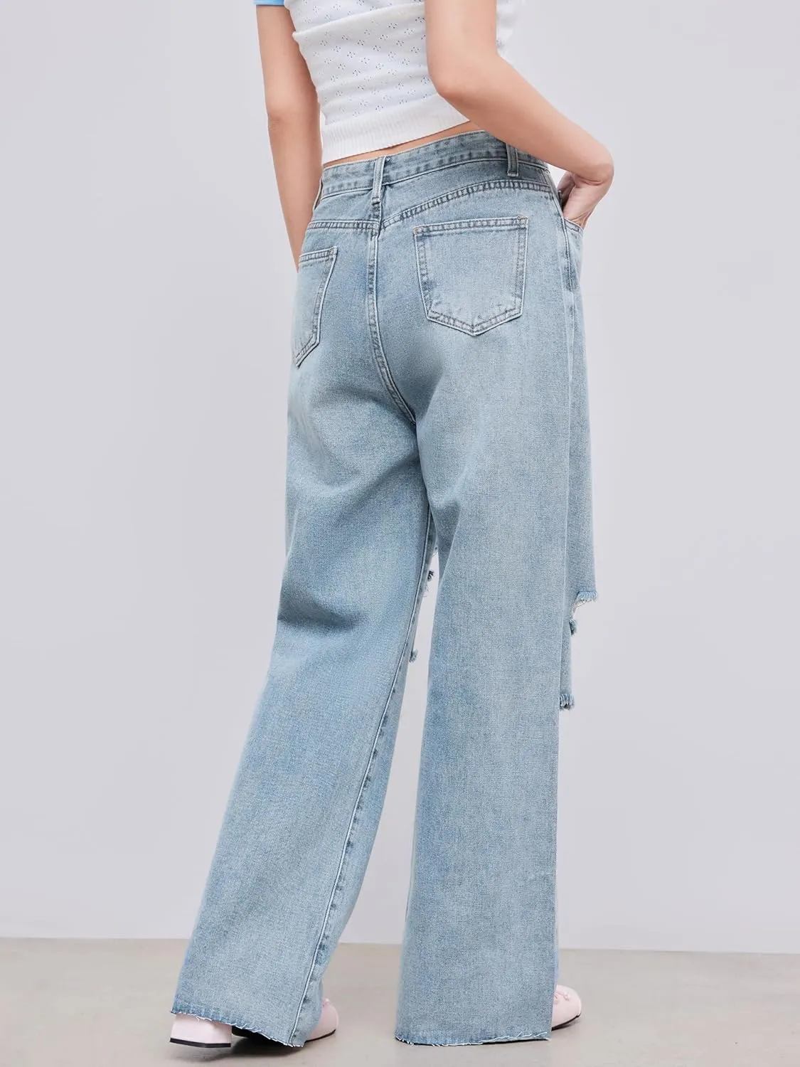 CIDER Women’s Ripped Jeans High Waisted Distressed Baggy Straight Wide Leg Pants