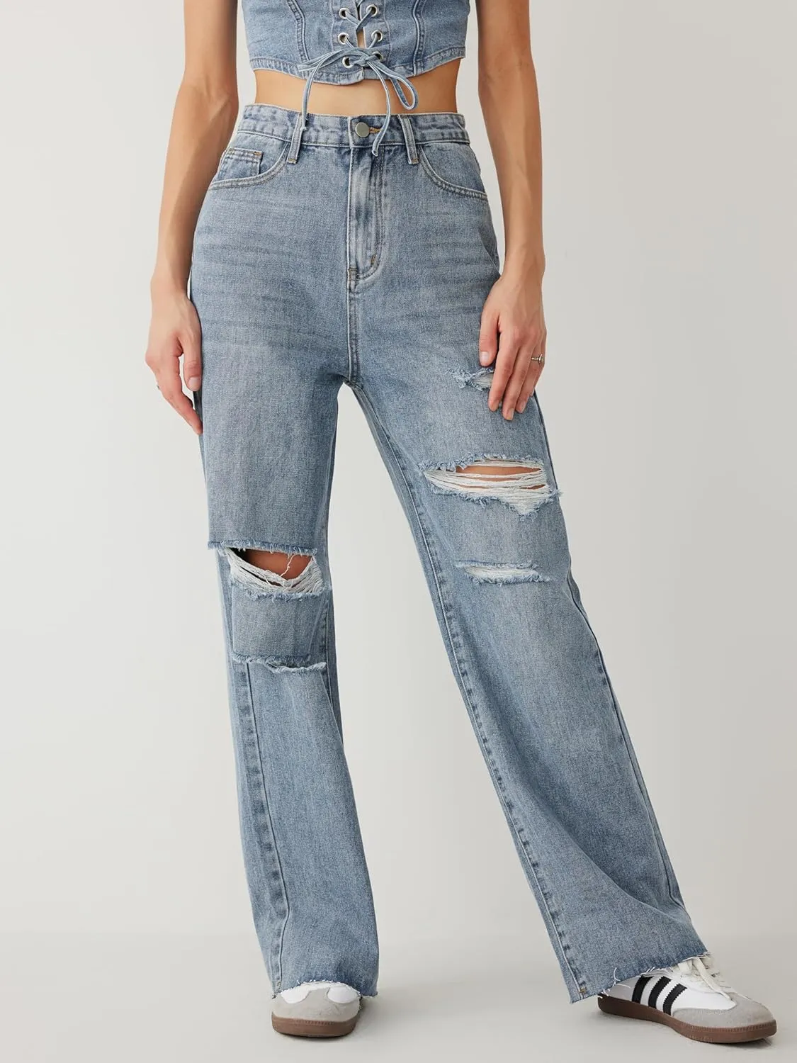 CIDER Women’s Ripped Jeans High Waisted Distressed Baggy Straight Wide Leg Pants