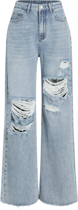 CIDER Women’s Ripped Jeans High Waisted Distressed Baggy Straight Wide Leg Pants