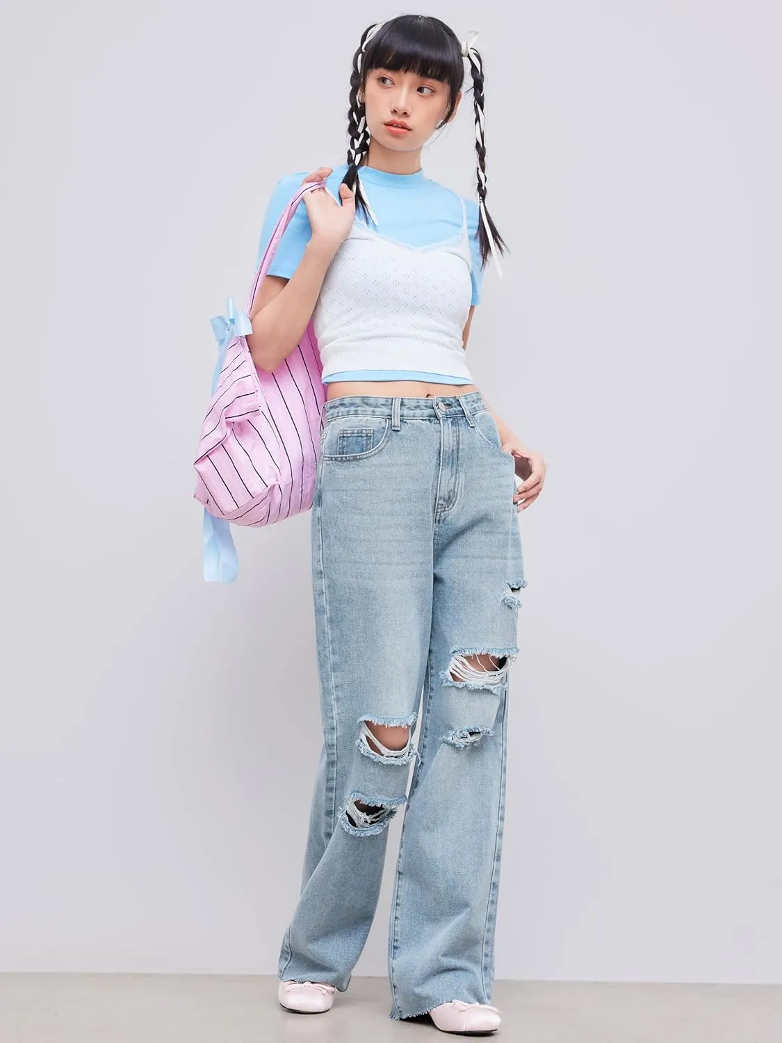 CIDER Women’s Ripped Jeans High Waisted Distressed Baggy Straight Wide Leg Pants
