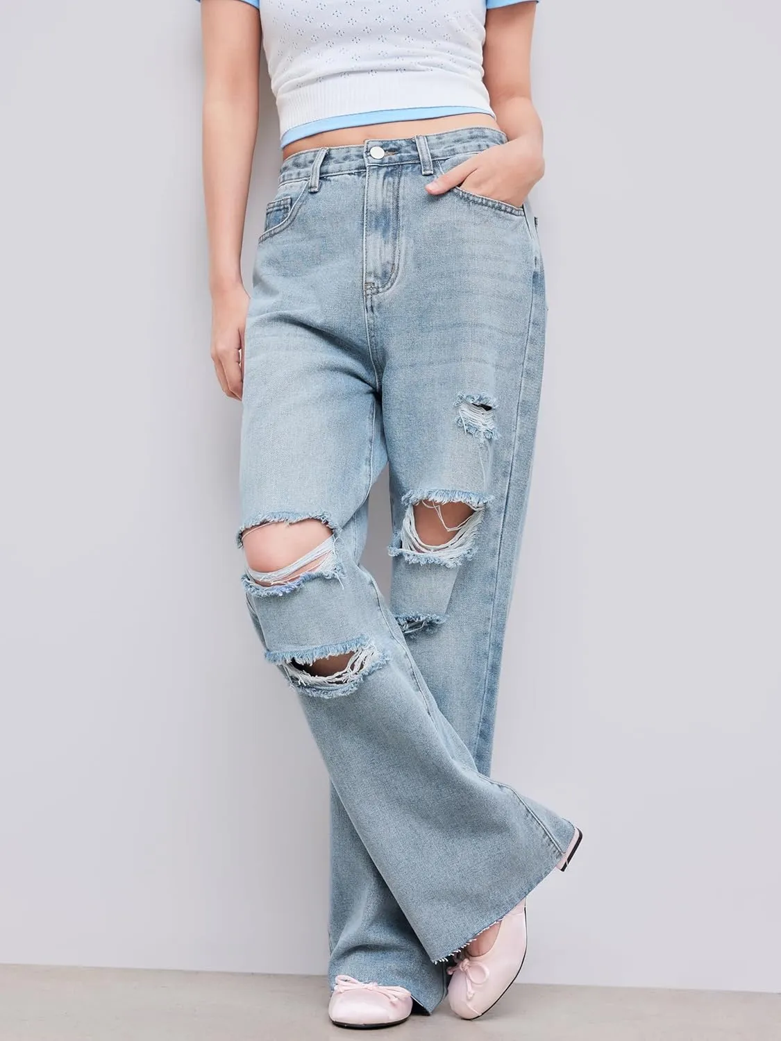 CIDER Women’s Ripped Jeans High Waisted Distressed Baggy Straight Wide Leg Pants