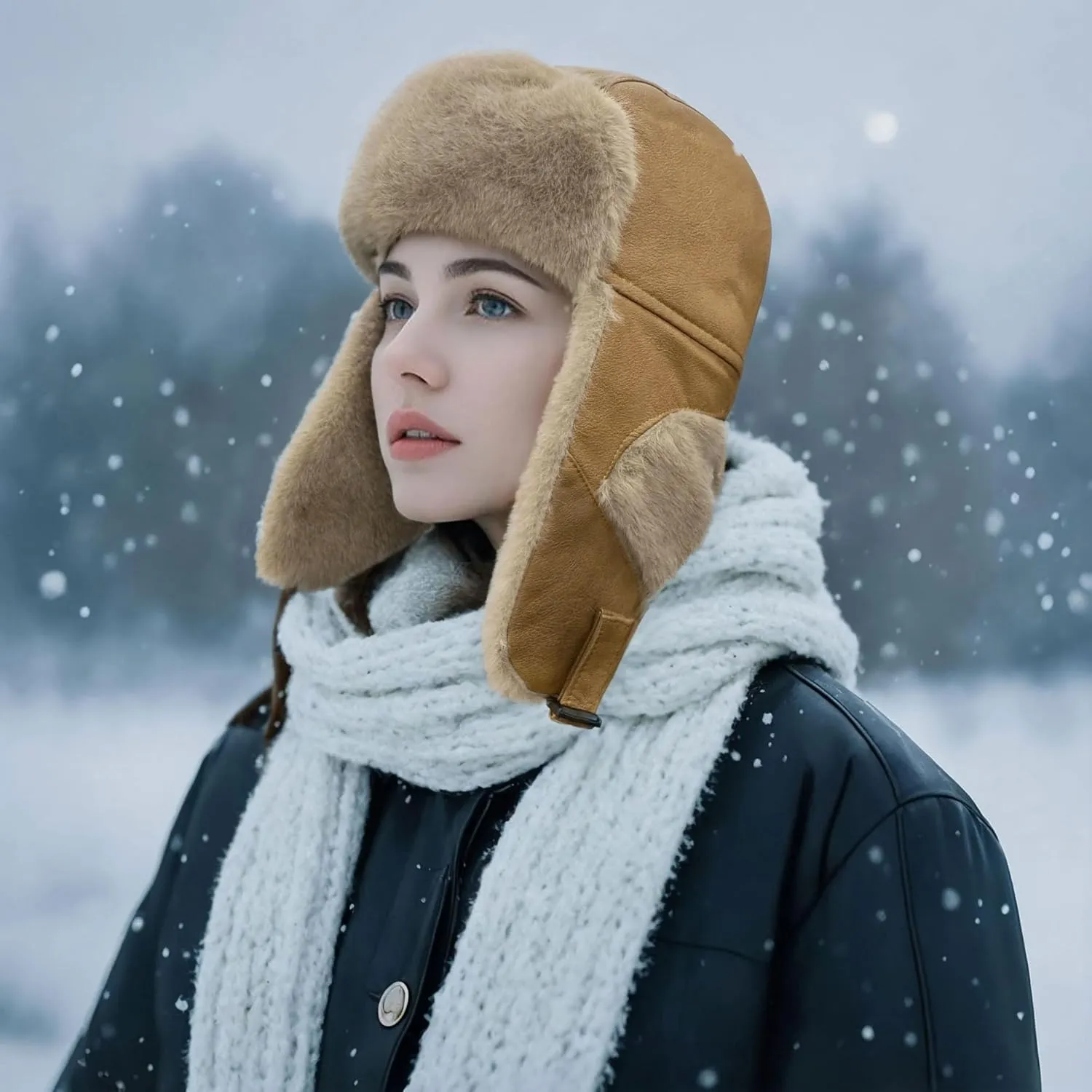Clakllie Unisex Trapper Winter Hat Waterproof Leather Eskimo Hats Russian Ushanka Caps Trooper Aviator Cap with Earflaps