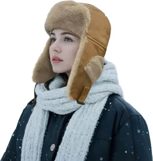 Clakllie Unisex Trapper Winter Hat Waterproof Leather Eskimo Hats Russian Ushanka Caps Trooper Aviator Cap with Earflaps