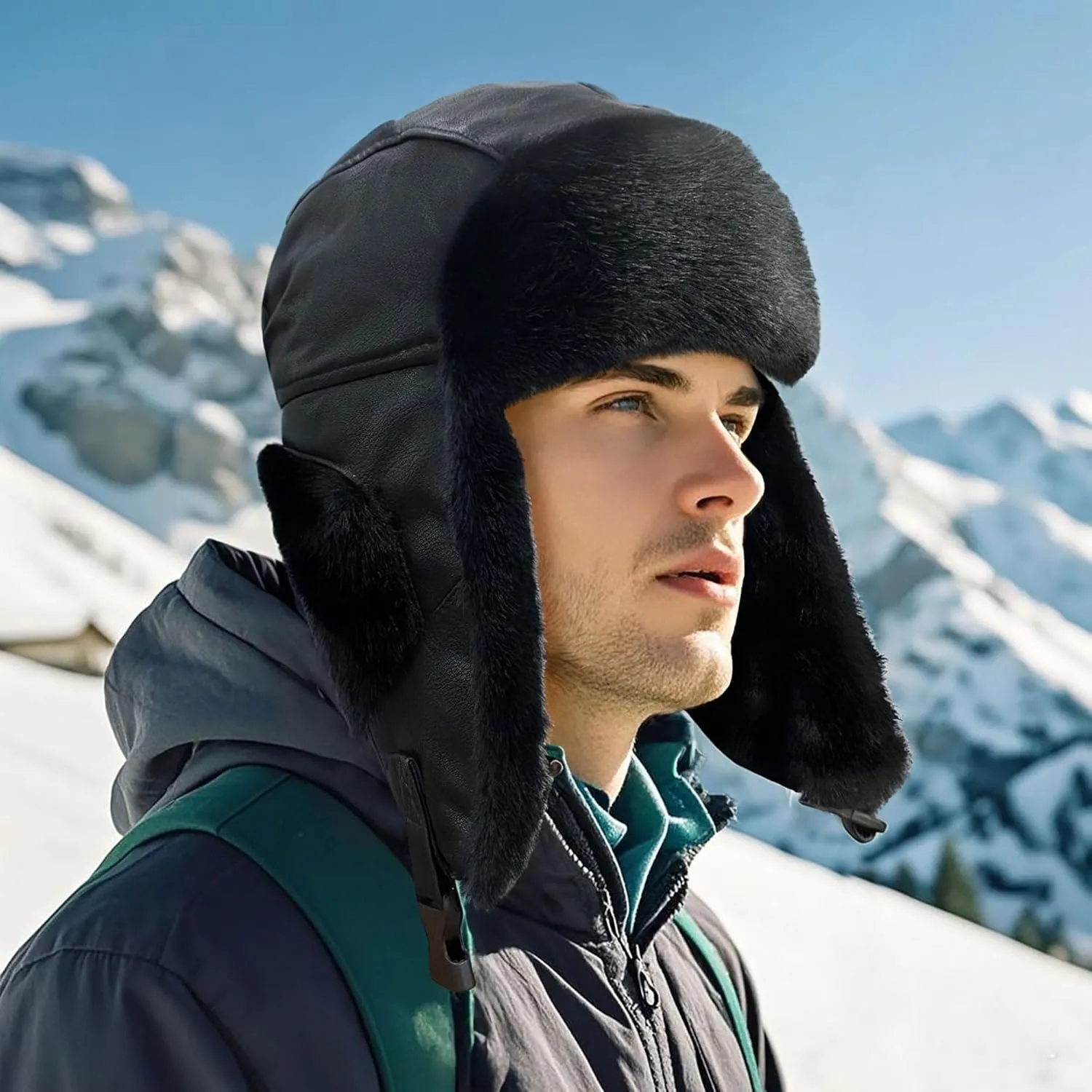 Clakllie Unisex Trapper Winter Hat Waterproof Leather Eskimo Hats Russian Ushanka Caps Trooper Aviator Cap with Earflaps