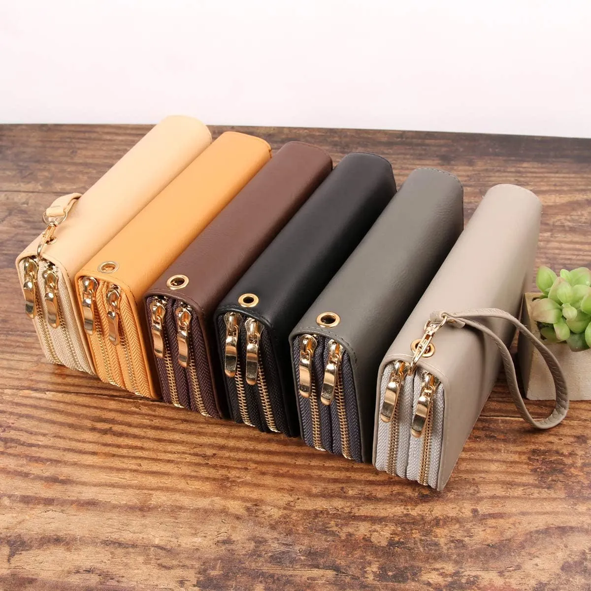 Classic Leatherette Zip Around Wallet - Vegan Leather Zipper Clutch Purse Coin Card Slots, Removable Wristlet (Double Zip Wristlet - Dark Gray)