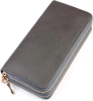 Classic Leatherette Zip Around Wallet - Vegan Leather Zipper Clutch Purse Coin Card Slots, Removable Wristlet (Double Zip Wristlet - Dark Gray)