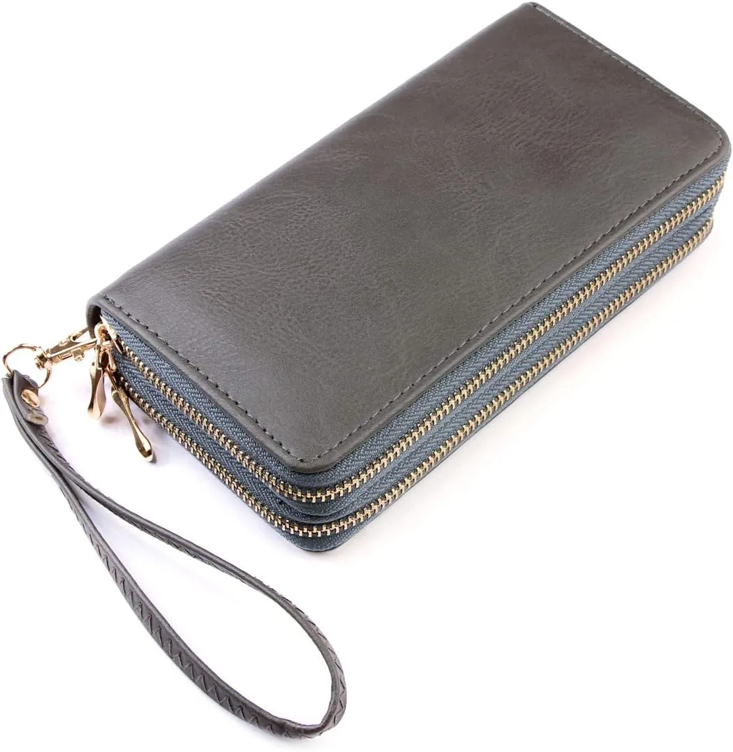 Classic Leatherette Zip Around Wallet - Vegan Leather Zipper Clutch Purse Coin Card Slots, Removable Wristlet (Double Zip Wristlet - Dark Gray)
