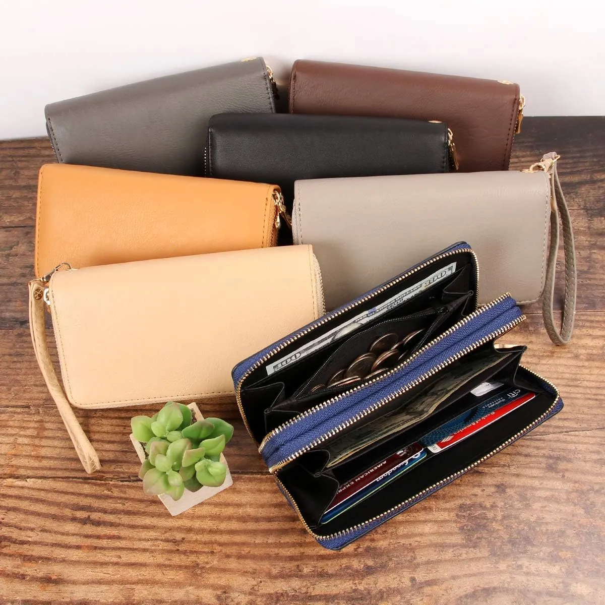 Classic Leatherette Zip Around Wallet - Vegan Leather Zipper Clutch Purse Coin Card Slots, Removable Wristlet (Double Zip Wristlet - Dark Gray)