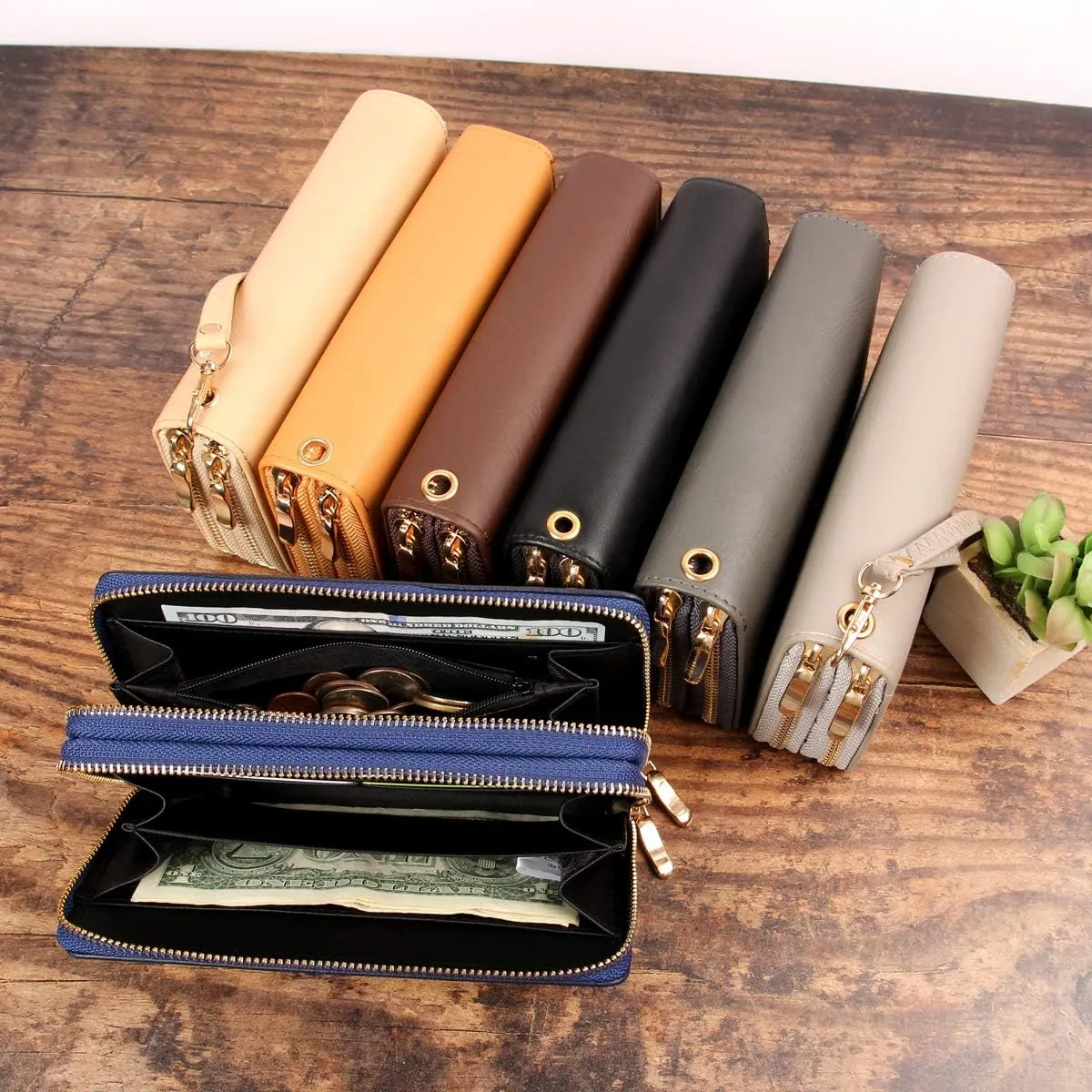 Classic Leatherette Zip Around Wallet - Vegan Leather Zipper Clutch Purse Coin Card Slots, Removable Wristlet (Double Zip Wristlet - Dark Gray)