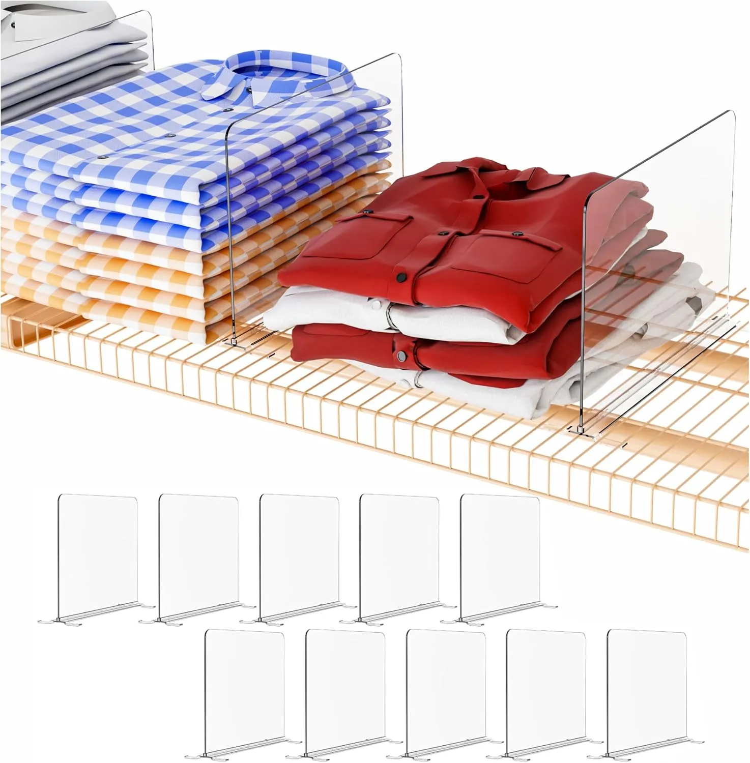Clear 10 Pack Wire Shelving Closet Organizer-No Tool-Acrylic Closet Shelf Organizers and Storage,8.5" Tall Top Shelf & Closet Separators for Shirt,Sweater,Handbag,Sweatshirt Wire Closet Organizer