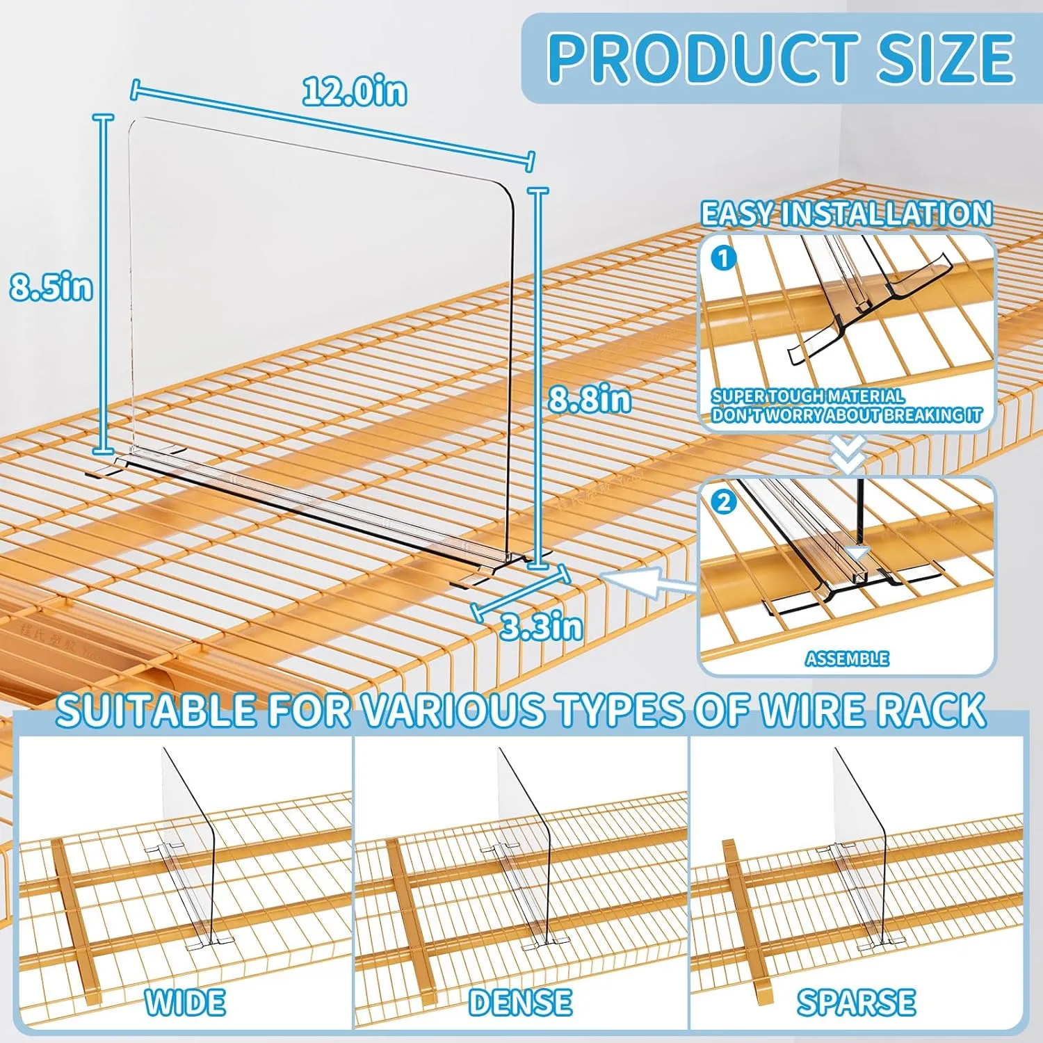 Clear 10 Pack Wire Shelving Closet Organizer-No Tool-Acrylic Closet Shelf Organizers and Storage,8.5" Tall Top Shelf & Closet Separators for Shirt,Sweater,Handbag,Sweatshirt Wire Closet Organizer