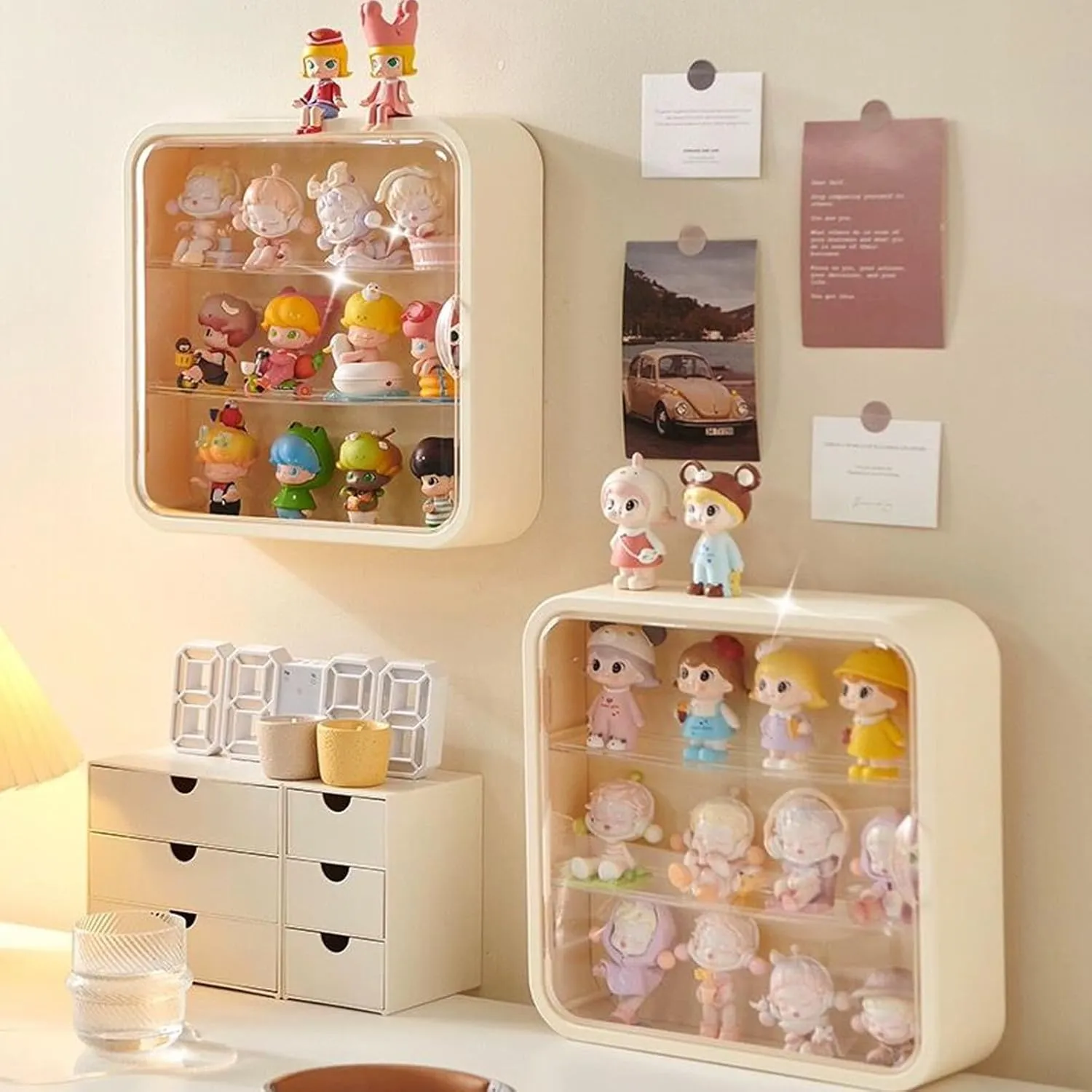Clear Display Case for Figures, Wall-Mounted Doll Storage Box Cabinet Organizer 3-Layer Acrylic Dustproof Display Cabinet Box for Collectibles Action Figures Pop Mart (Yellow)