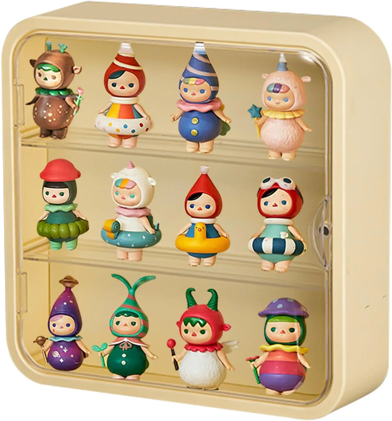 Clear Display Case for Figures, Wall-Mounted Doll Storage Box Cabinet Organizer 3-Layer Acrylic Dustproof Display Cabinet Box for Collectibles Action Figures Pop Mart (Yellow)