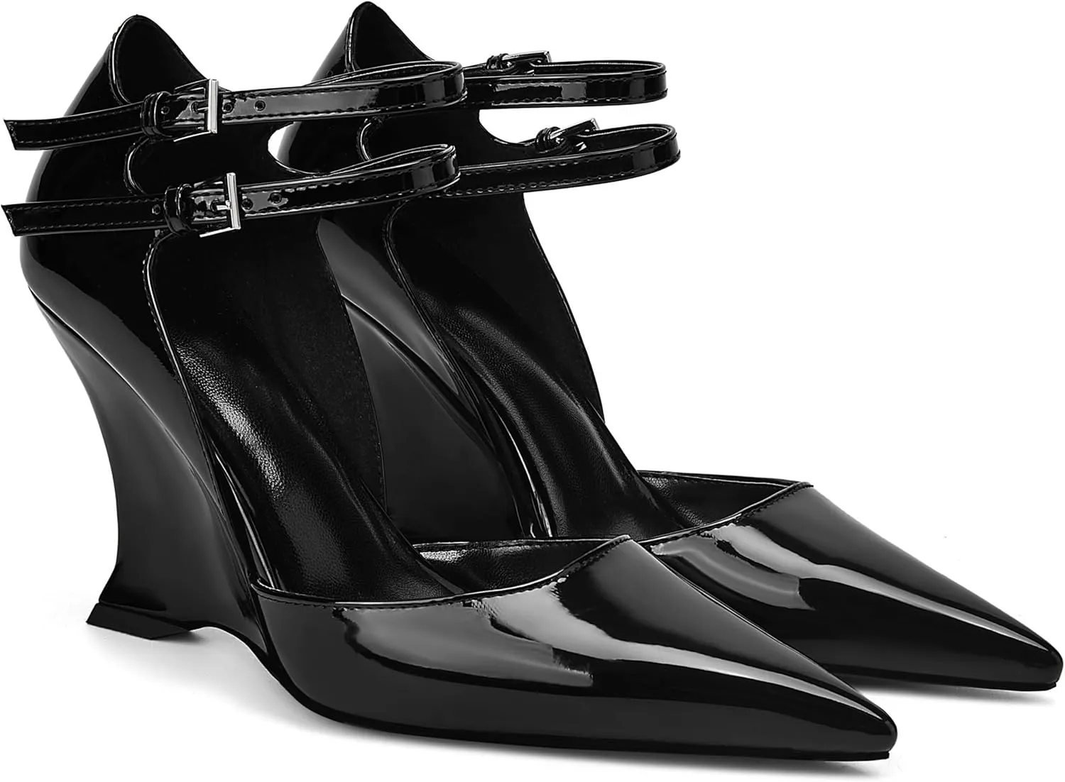 Closed Pointed Toe Wedge High Heels Pumps for Women Double Ankle Buckle Strap Patent Leather Sandals Fashion Wedding Bride Shoes