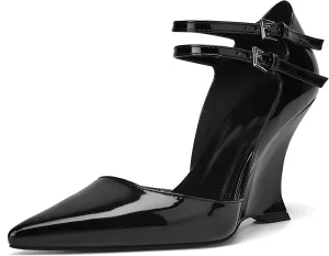 Closed Pointed Toe Wedge High Heels Pumps for Women Double Ankle Buckle Strap Patent Leather Sandals Fashion Wedding Bride Shoes